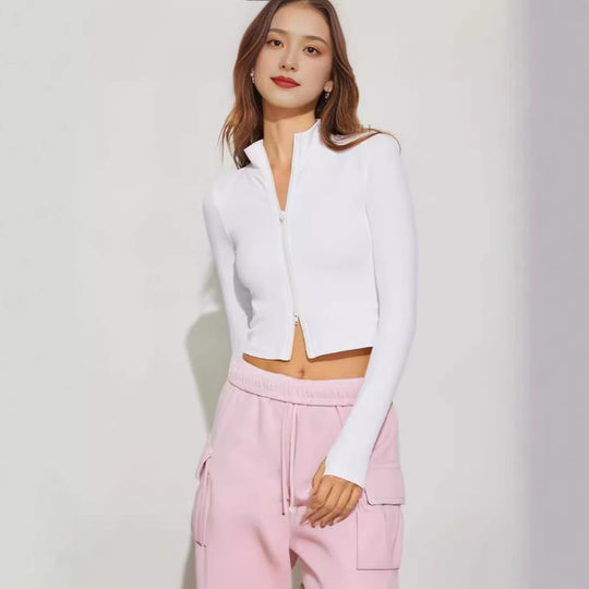 Damen cropped Zip-Oberteil mit hohem Kragen und langen Ärmeln R&B