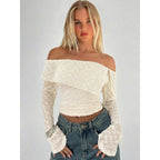 Damen Off-Shoulder Oberteil mit eleganten Rüschendetails und langen Ärmeln R&B