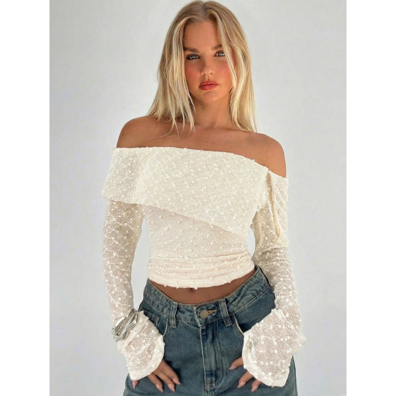 Damen Off-Shoulder Oberteil mit eleganten Rüschendetails und langen Ärmeln R&B