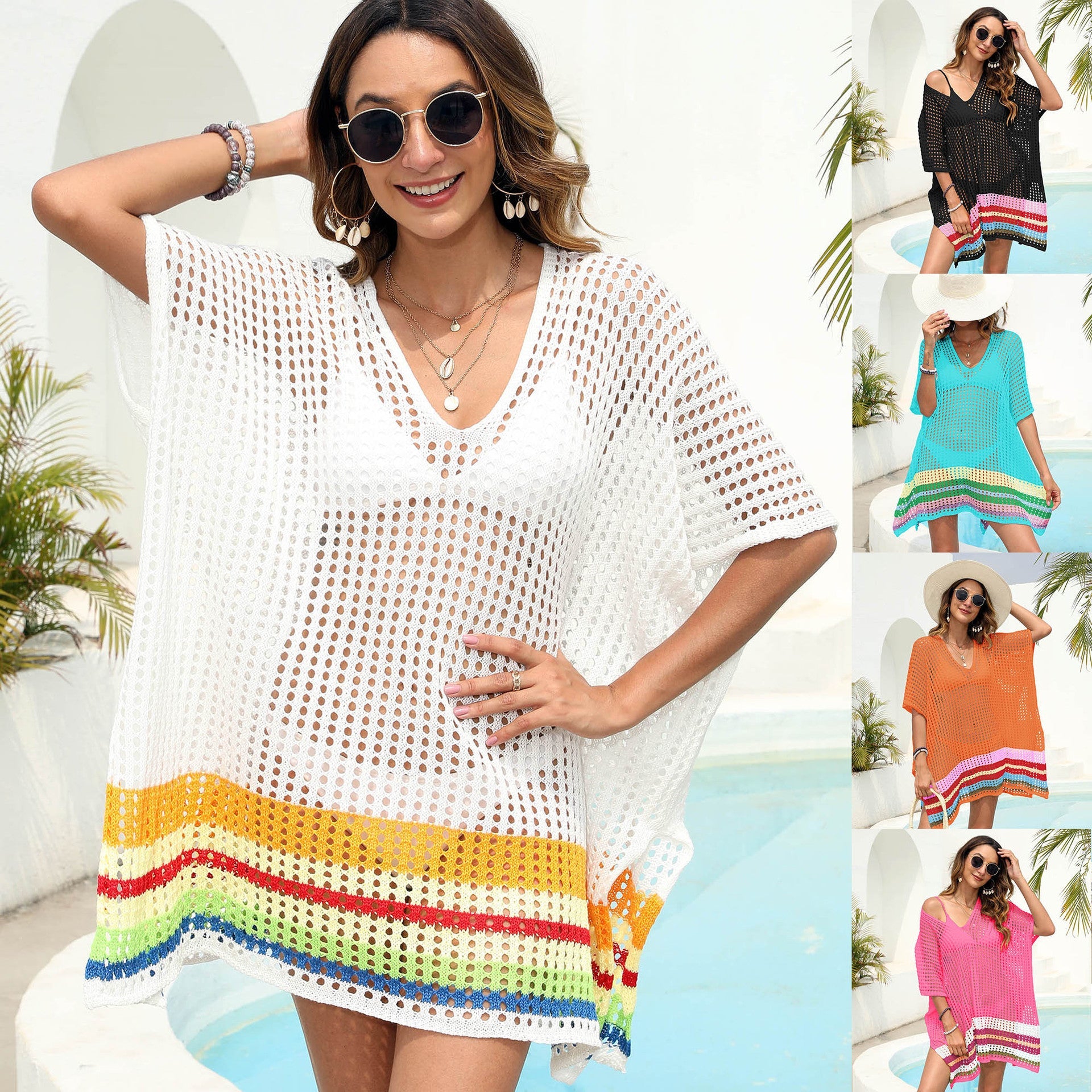 Damen luftiger Strandsarong mit buntem Häkelmuster R&B