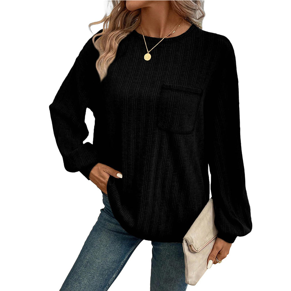 Damen Bequemer Langarm-Shirt mit Rippenstruktur und Brusttasche R&B