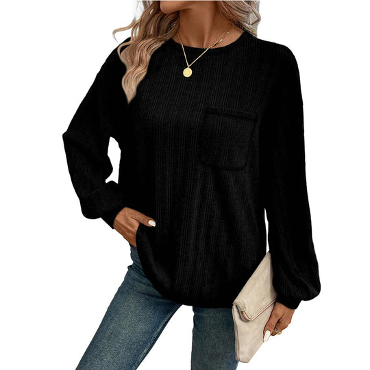 Damen Bequemer Langarm-Shirt mit Rippenstruktur und Brusttasche R&B