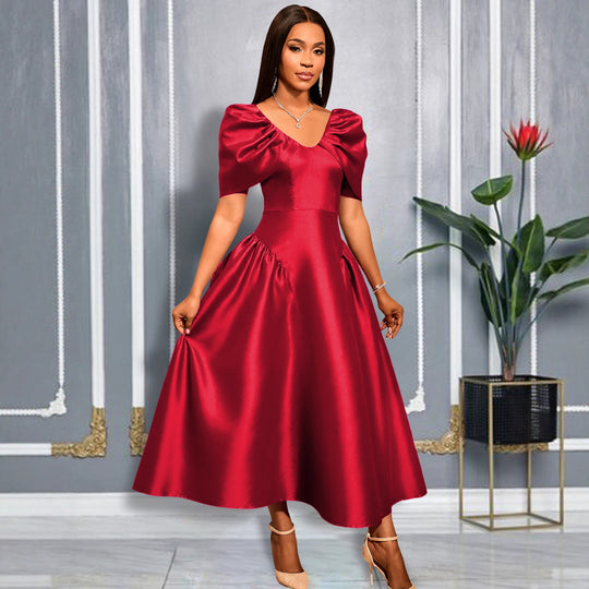 Damen Elegantes Satin Abendkleid mit voluminösen Puffärmeln R&B