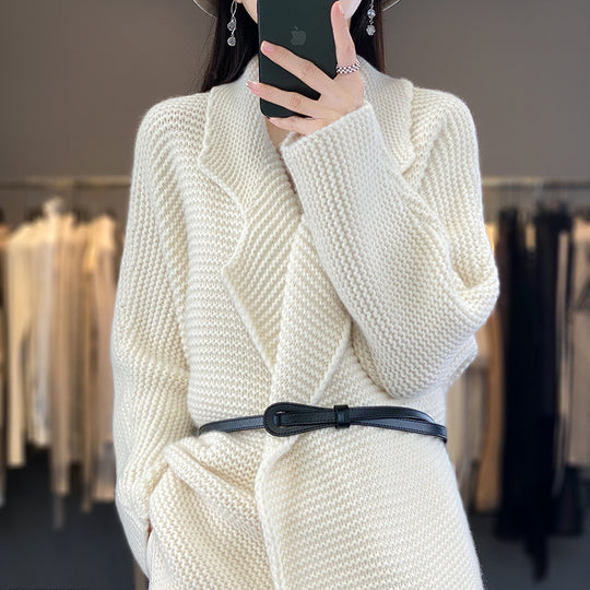 Damen Grobstrick Cardigan mit eleganten Revers und Taillengürtel R&B