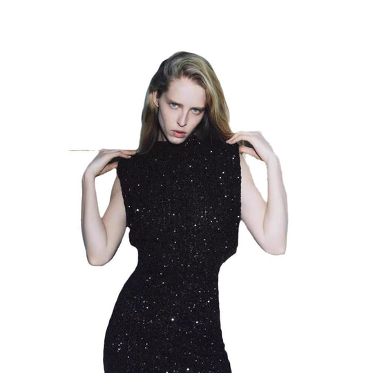 Damen Elegantes Cocktailkleid mit funkelndem Paillettendesign und hochgeschlossenem Stehkragen R&B