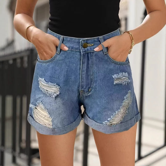 Damen Destroyed Denim-Shorts mit hohem Bund und stylischem Fransen-Look R&B