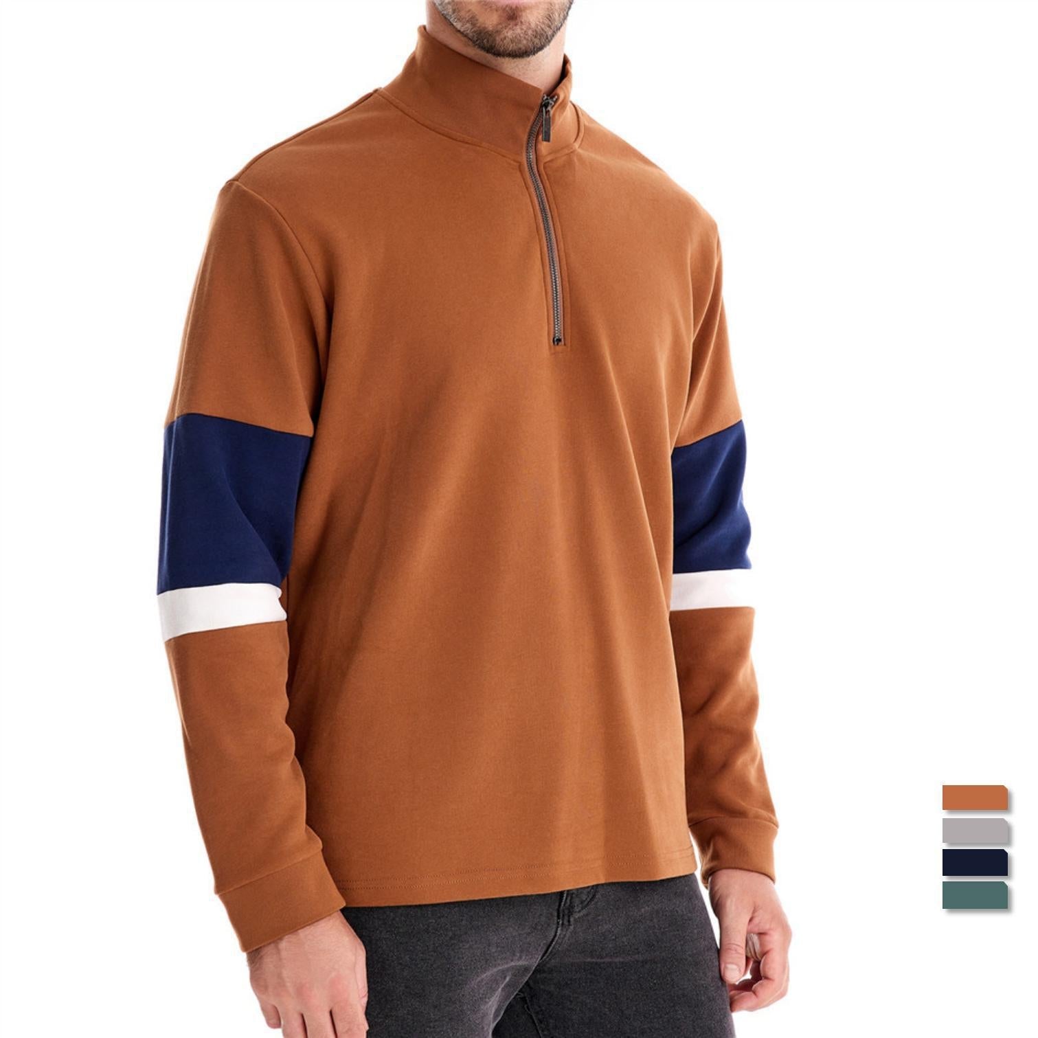 Herren nan Halbzip-Pullover mit Stehkragen, gestreiftem Krageninnenband und Kontrastärmeln R&B