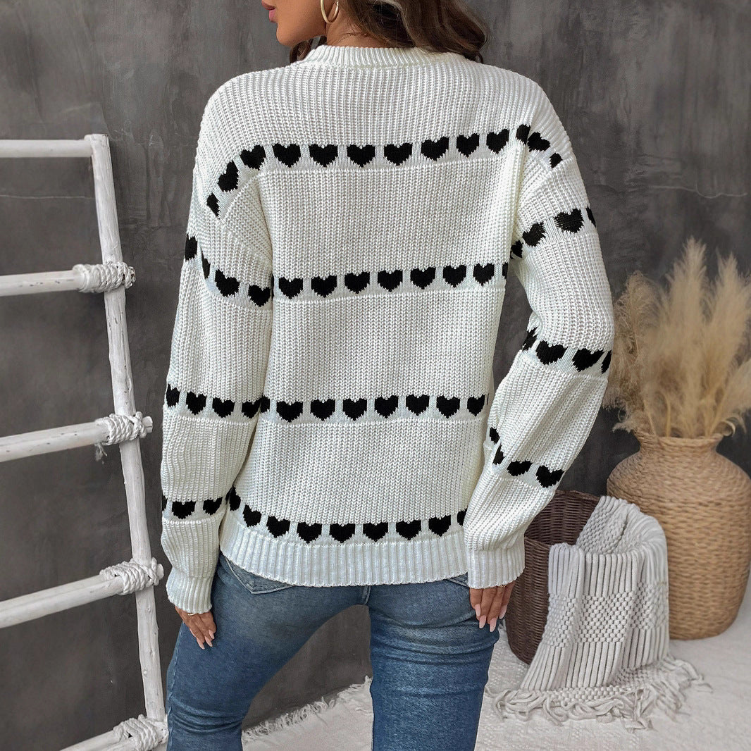 Damen lässiger Strickpullover mit Herzenmuster und lockerem Schnitt R&B