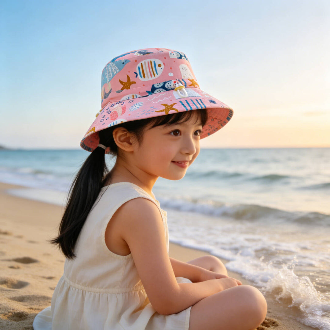 Unisex nan Kinder-Sonnenhut mit Wendemotiv, Kinnband und hohem UV-Schutz  R&B