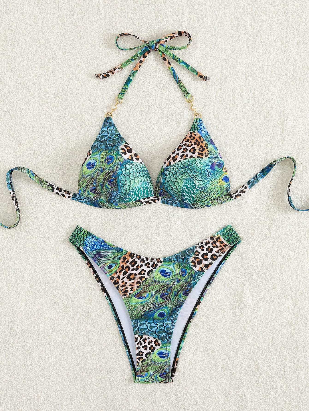 Damen Triangel-Bikini mit lebendigem Tier- und Pfauenmotiv R&B
