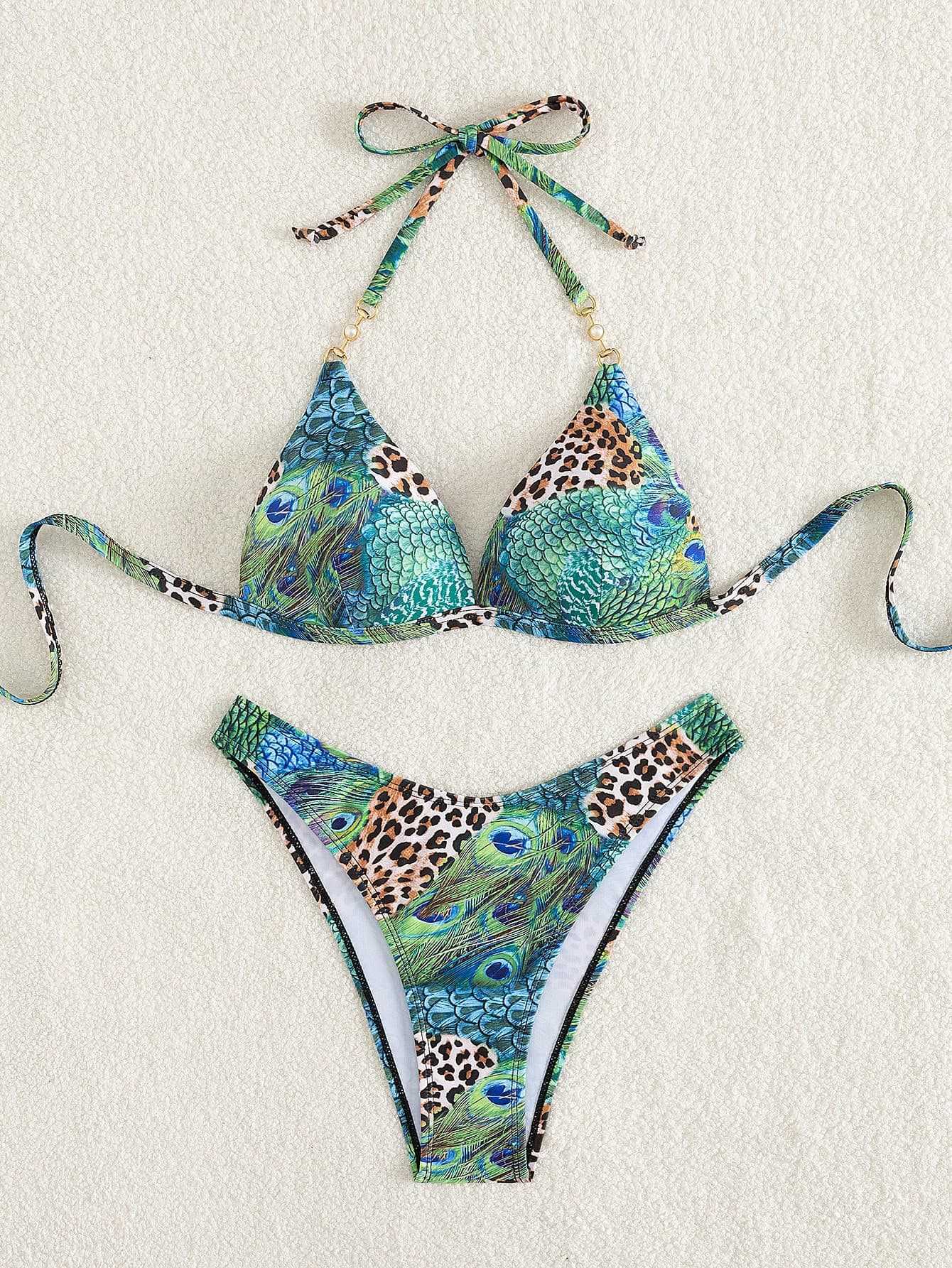 Damen Triangel-Bikini mit lR&Bendigem Tier- und Pfauenmotiv R&B