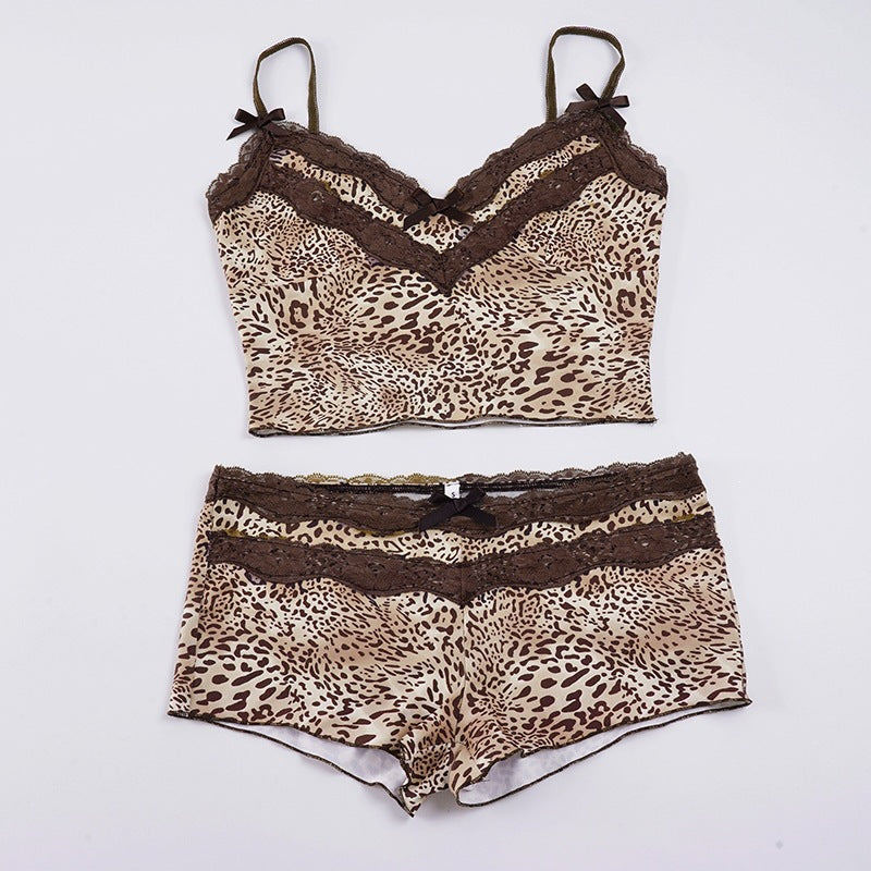 Damen Spitzen-Camisole und Short-Set mit animalischem Muster R&B