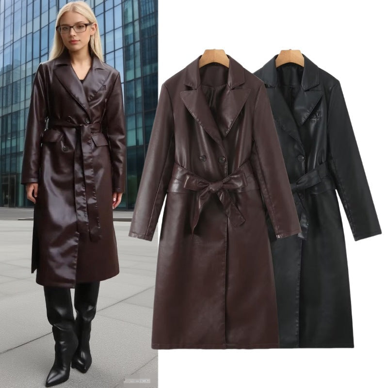 Damen Kunstleder Trenchcoat mit taillierbarem Gürtel und doppelter Knopfleiste R&B