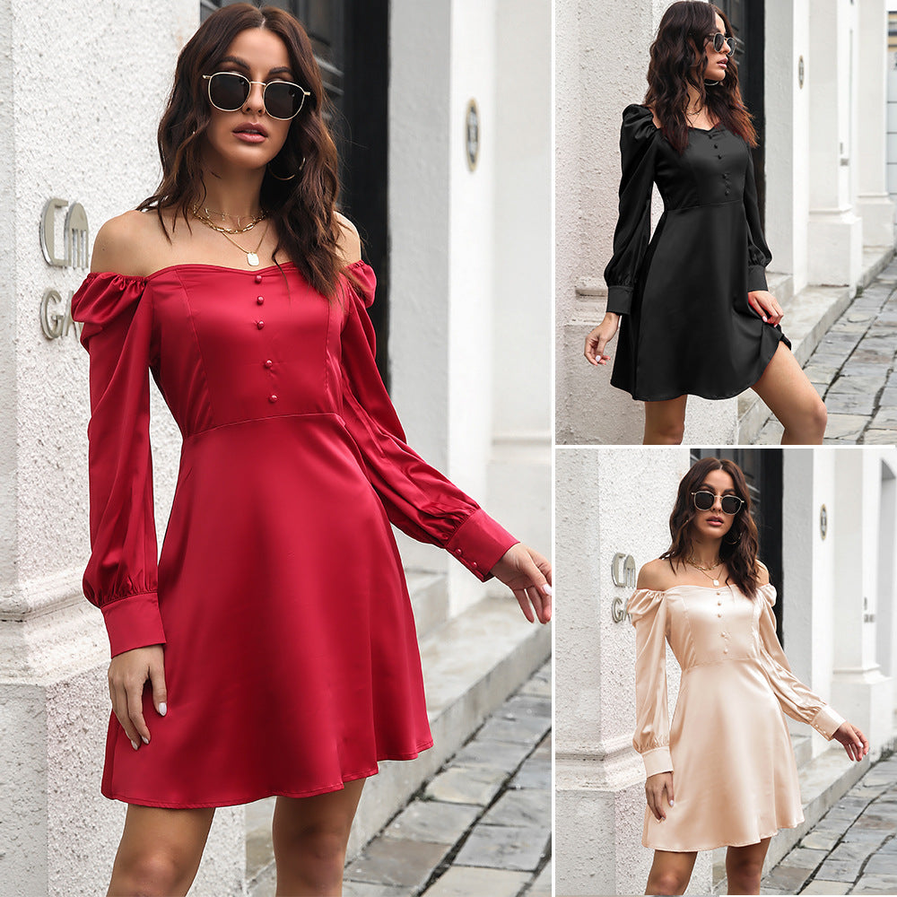 Damen Satin Kleid mit Knopfdetails und Puffärmeln R&B