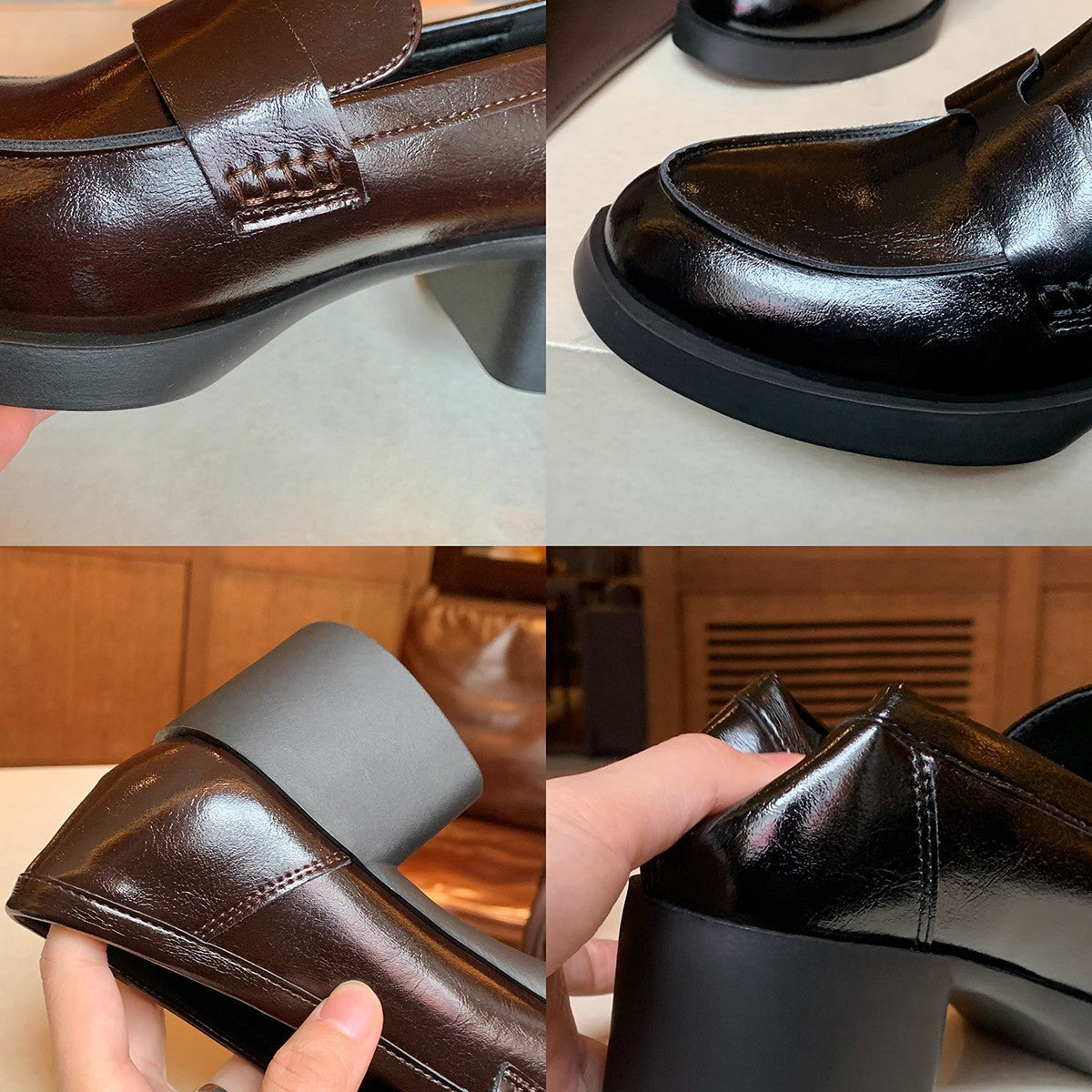 Damen modische Loafers mit glänzender Oberfläche und komfortablem Blockabsatz R&B
