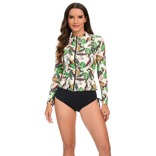 Damen Sportlicher Langarm-Rashguard mit buntem Tier- und Blattmuster R&B