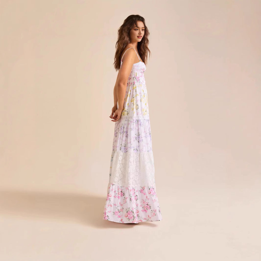 Damen Boho Maxikleid mit elastischem Oberteil und Spitzenakzenten R&B