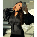 Damen elegantes Blusenoberteil mit weiten Ärmeln und Bindegürtel R&B