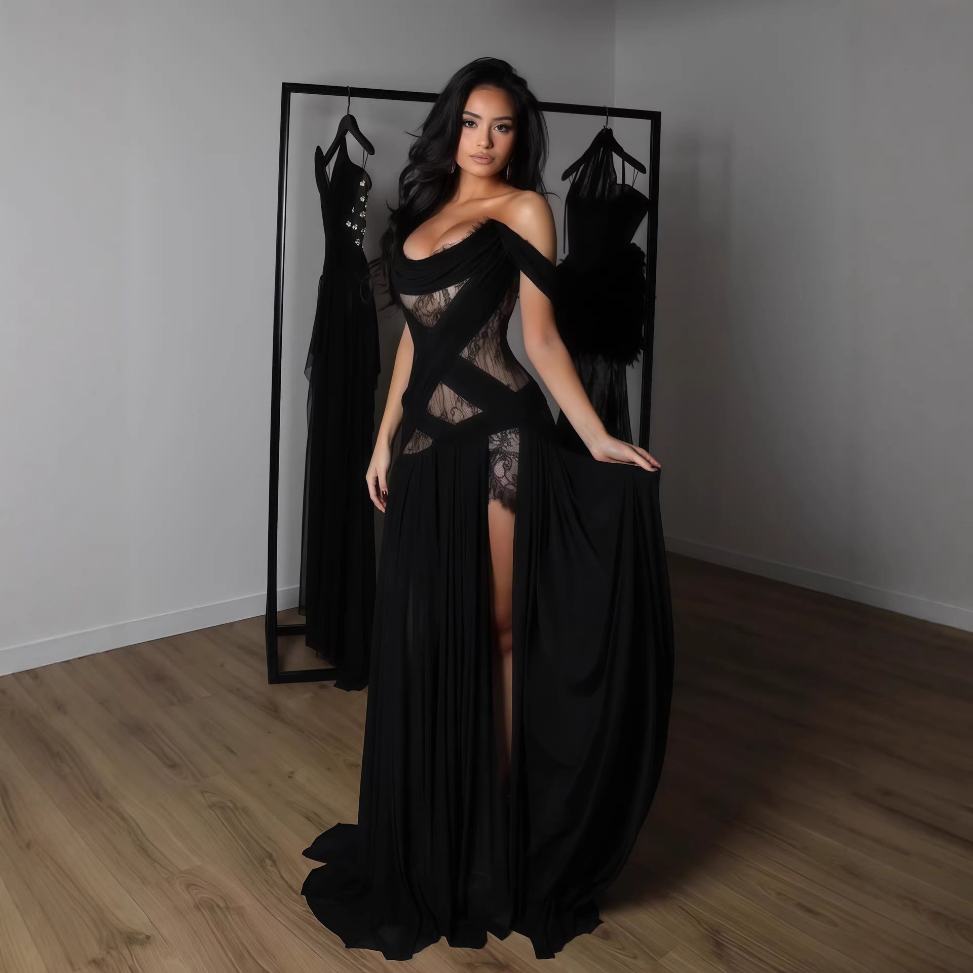 Damen Elegantes Spitzenkleid mit tiefem Schlitz und trägerlosem Schnitt R&B