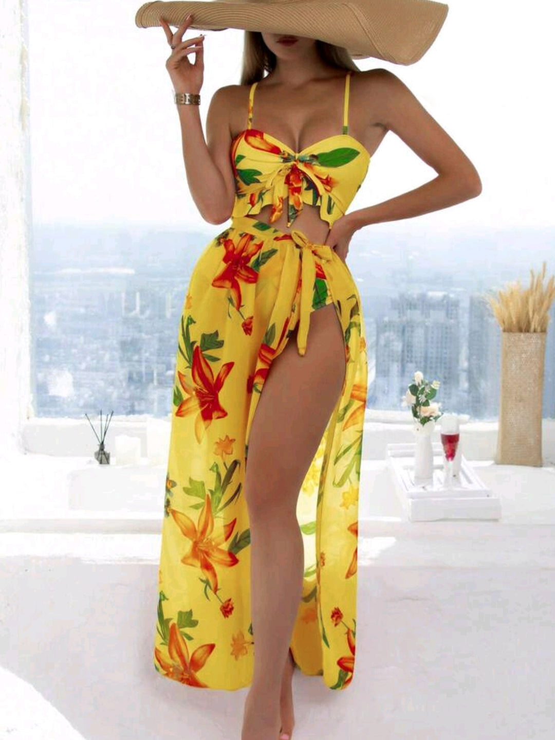 Damen Bikini-Set mit floralem Oberteil und lässigem Maxi-Rock R&B