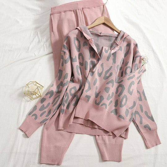 Damen lässiges Hoodie- und Jogginganzug-Set mit Leopardenmuster R&B
