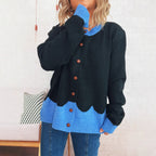 Damen lässige Strickjacke mit buntem Kontrast und eleganten Knopfdetails R&B
