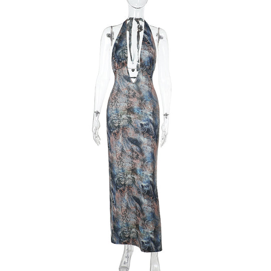 Damen elegantes Maxikleid mit tiefem V-Ausschnitt und verspieltem Halterdesign R&B