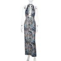 Damen elegantes Maxikleid mit tiefem V-Ausschnitt und verspieltem Halterdesign R&B
