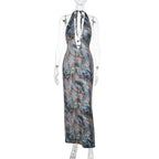 Damen elegantes Maxikleid mit tiefem V-Ausschnitt und verspieltem Halterdesign R&B