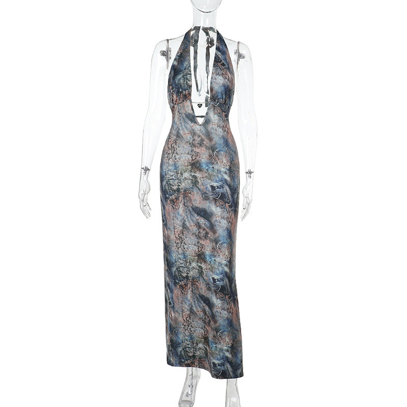 Damen elegantes Maxikleid mit tiefem V-Ausschnitt und verspieltem Halterdesign R&B