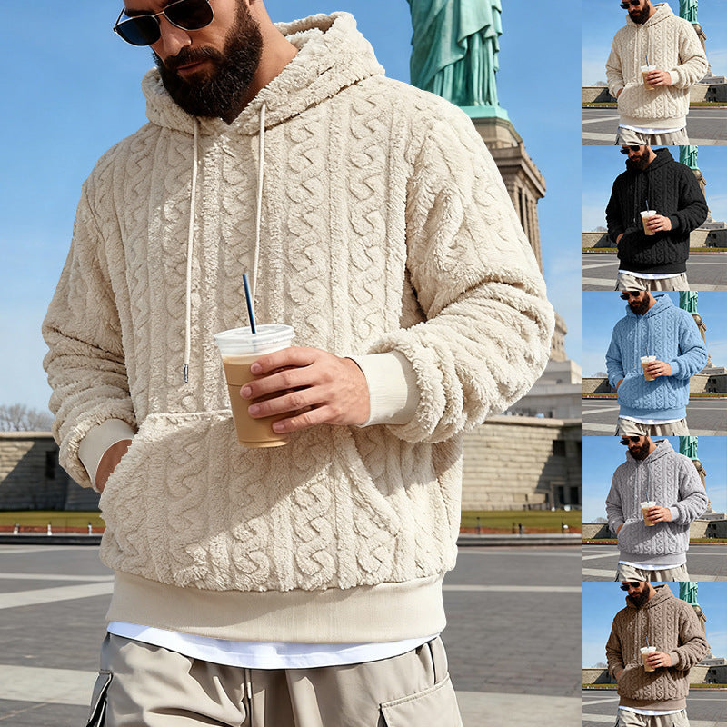 Herren nan Kuscheliger Sherpa-Hoodie mit Zopfmuster, Kängurutasche und Rippbündchen R&B
