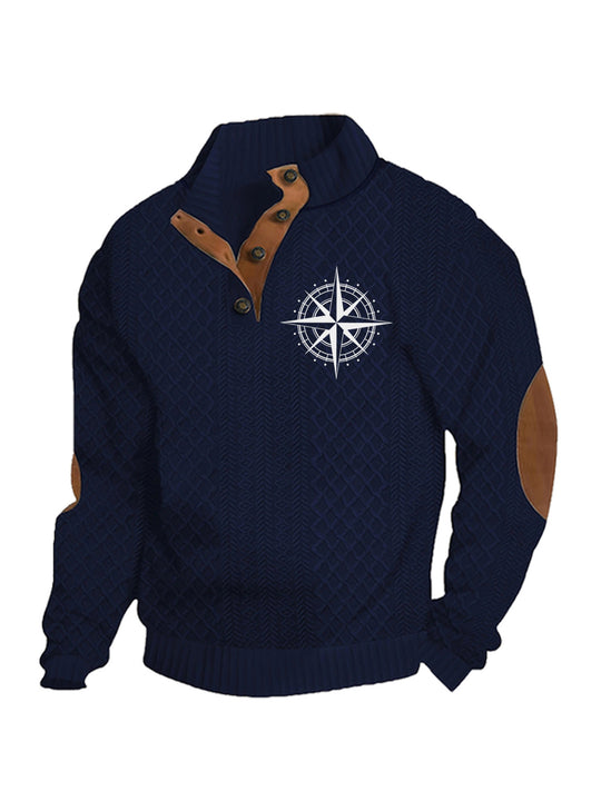 Herren nan Heritage-Strukturpullover mit Stehkragen Lederimitat-Besatz Ellenbogen-Patches und Halbknopfleiste R&B