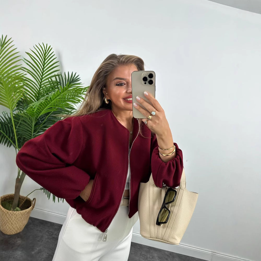 Damen modische Zip-Jacke mit oversized Ärmeln und tiefen Taschen R&B
