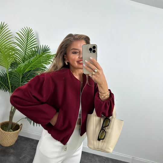 Damen modische Zip-Jacke mit oversized Ärmeln und tiefen Taschen R&B