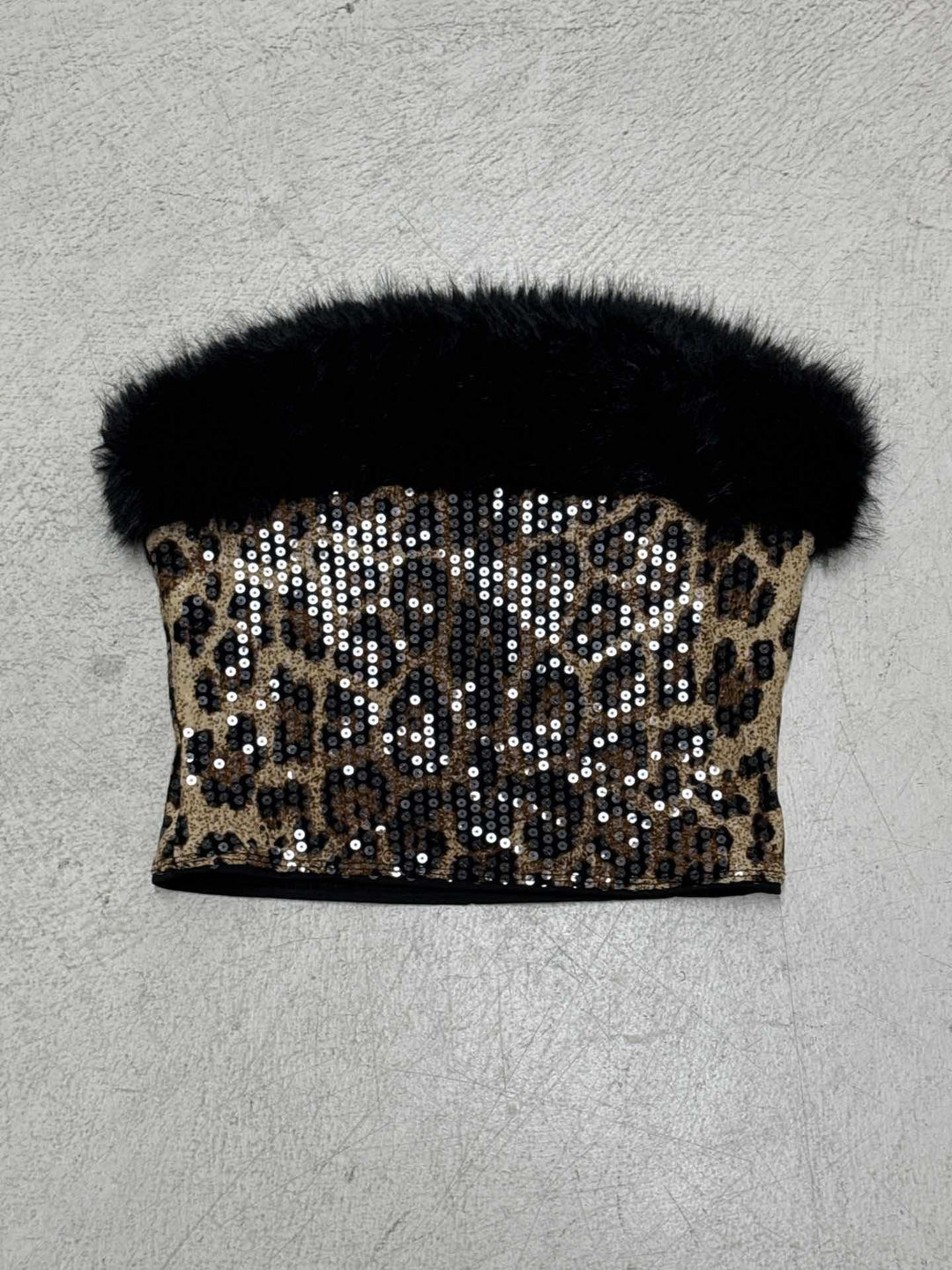 Damen glitzerndes Leopardenmuster Oberteil mit Kunstfellbesatz R&B