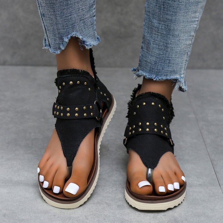 Damen Elegante und komfortable Zehentrenner-Sandalen mit modischen Nieten R&B