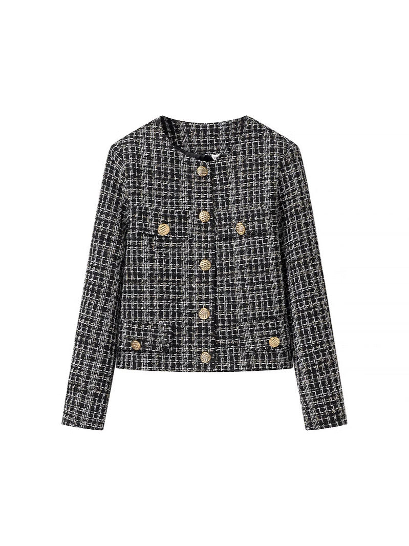 Damen elegante Tweed-Jacke mit goldenen Knöpfen R&B