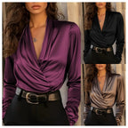 Damen elegante Satinbluse mit Wickeldesign und tiefem V-Ausschnitt
