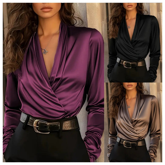 Damen elegante Satinbluse mit Wickeldesign und tiefem V-Ausschnitt R&B