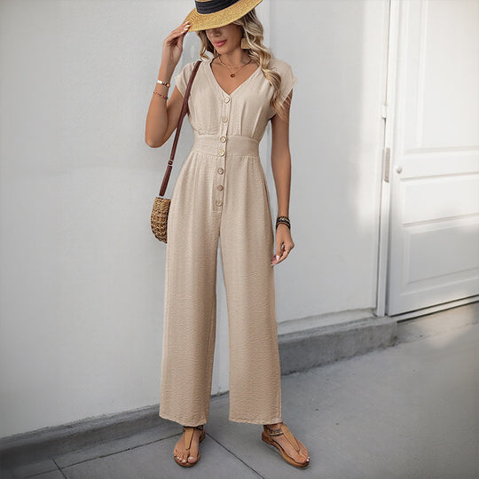 Damen eleganter Jumpsuit mit Knopfdesign und weitem Bein R&B