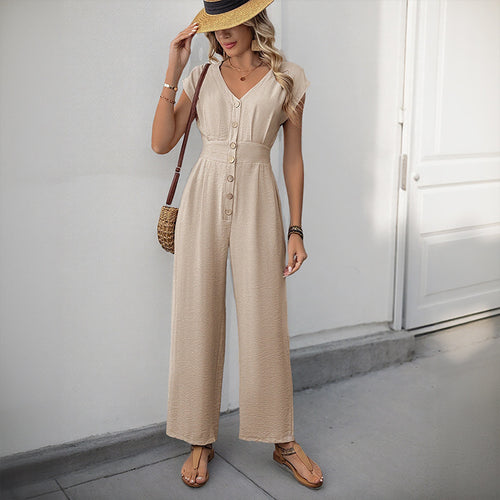 Damen eleganter Jumpsuit mit Knopfdesign und weitem Bein R&B