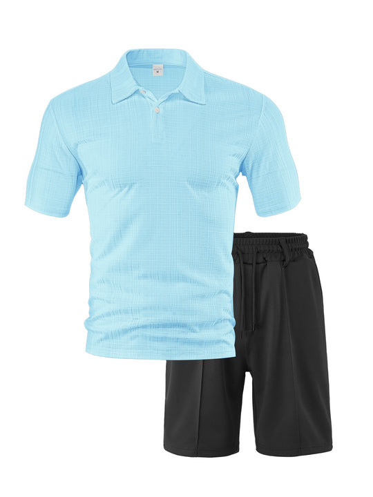 Herren nan zweiteiliges Sommer-Reise-Set mit texturiertem Kurzarm-Poloshirt und funktionalen Mesh-Shorts R&B