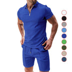 Herren nan sportives Poloshirt- und Chino-Shorts-Set mit halbem Reißverschluss, strukturiertem Jersey und dezenter Bügelfalte R&B