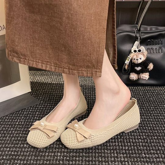 Damen elegante Ballerinas mit zierlichem Schleifen- und Perlenschmuck R&B