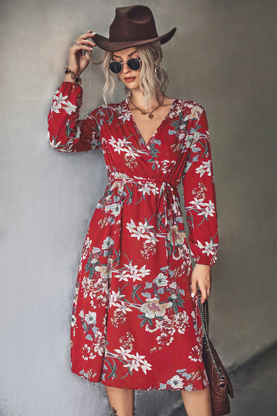 Damen Midi-Kleid mit elegantem floralem Design und tailliertem Gürtel R&B