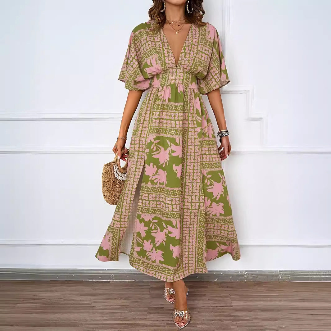 Damen Maxikleid im Boho-Stil mit tiefem V-Ausschnitt und seitlichem Schlitz R&B
