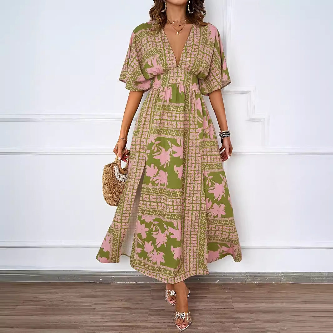 Damen Maxikleid im Boho-Stil mit tiefem V-Ausschnitt und seitlichem Schlitz R&B