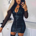 Damen enger Mini-Jumpsuit aus Kunstleder mit transparenten Ärmeln und aufwendigem Reißverschluss R&B