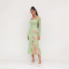 Damen elegantes Midikleid mit floralem Design und transparenten Longsleeves R&B