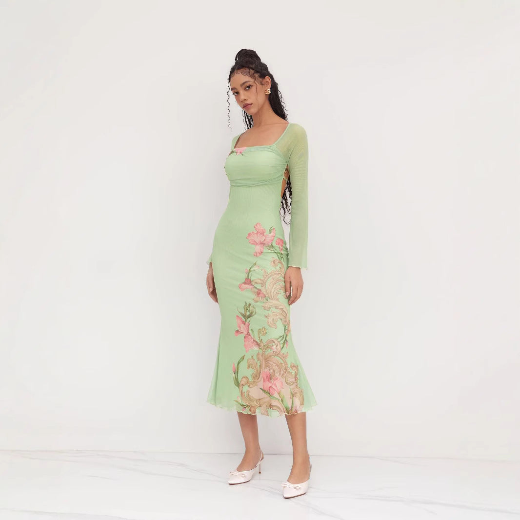 Damen elegantes Midikleid mit floralem Design und transparenten Longsleeves R&B